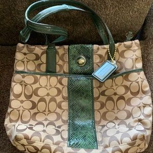 Coach Signature Handbag with green suede trim